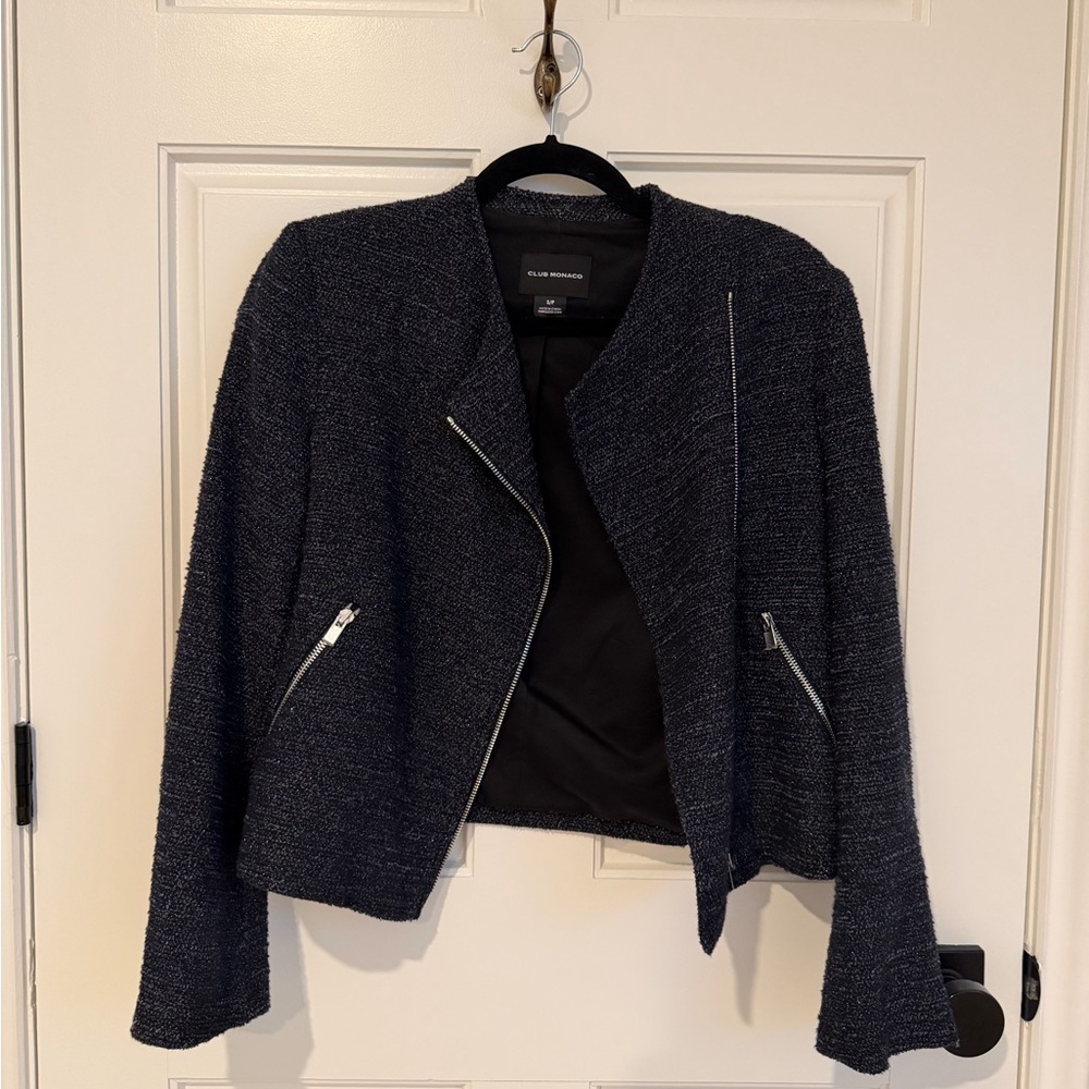 Club Monaco Navy Textured Tweed Zip Jacket